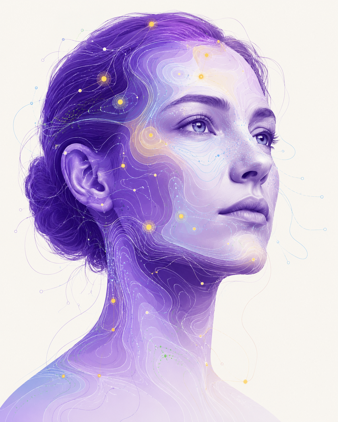 An abstract portrait overlaid with soft contour lines and glowing signal nodes: molecular, neural, and behavioral signals held as one coherent picture.