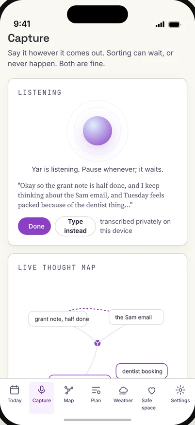 Capture screen: Yar is listening, and a thought map grows from what you say.