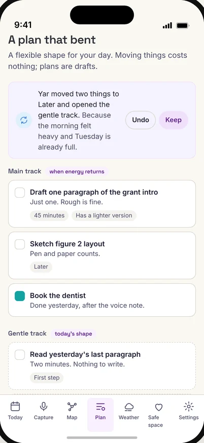 A plan that bent: Yar moved two things to later and opened the gentle track, with Undo and Keep buttons.
